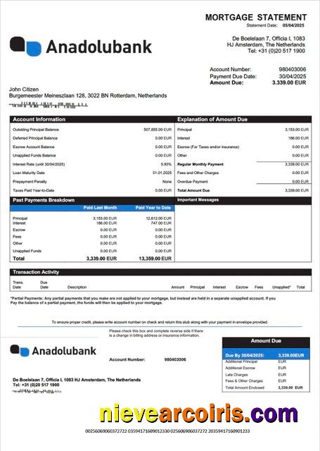 Netherlands Anadolubank Nederland mortgage statement Word and PDF template